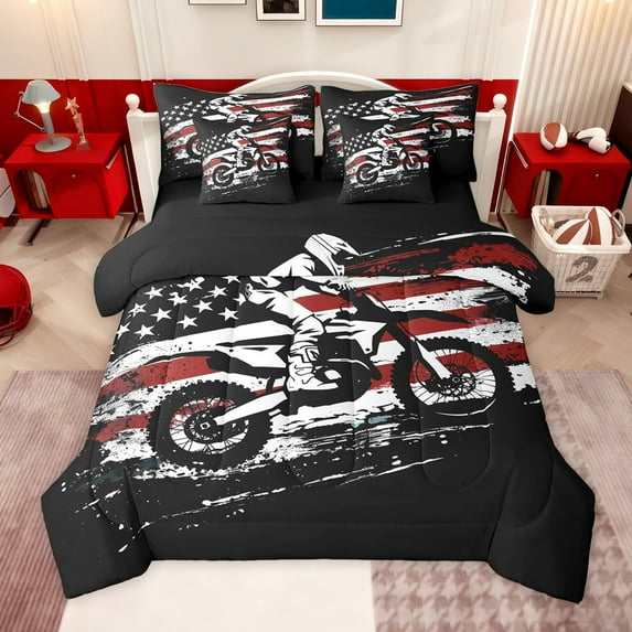 jejeloiu Extreme Speed Sport 7 Pieces Bedding Comforter Set,Vintage Motorcycle Full Bedding Set For Boys Teens Reversible