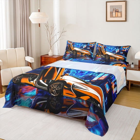 jejeloiu Extreme Sports Car Bed Sheets,Racing Speed King Sheets,Orange Race Car Sheet Set For Boys Teens,Luxury Bedroom Decor,4pcs