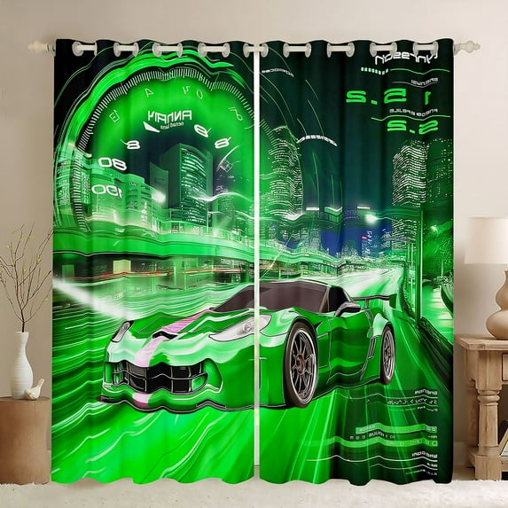 jejeloiu Extreme Sports Car Curtains Pack of 2 (42x84 Each),Racing Speed Curtains Blackout,Green Race Car Bedroom Curtains For Boys Teens,Luxury Bedroom Decor