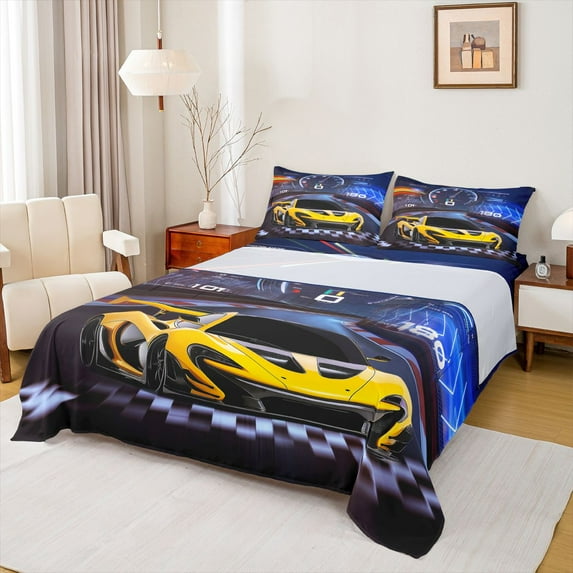 jejeloiu Extreme Sports Car Full Size Sheets,Racing Speed Bed Sheets,Yellow Race Car Sheet Sets For Boys Teens,Luxury Bedroom Decor,4pcs