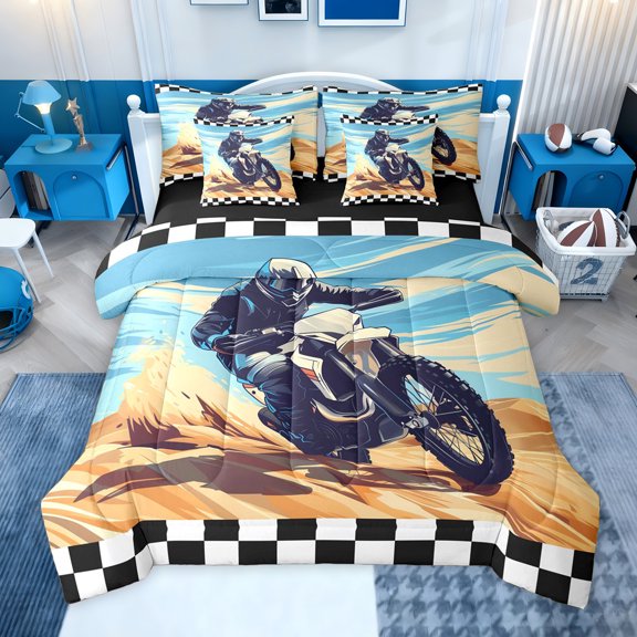 jejeloiu Extreme Sports Motorcycle 7-Piece Twin Bedding Sets,White Black Checkered Bedding Comforter Set For Boys Teens Reversible