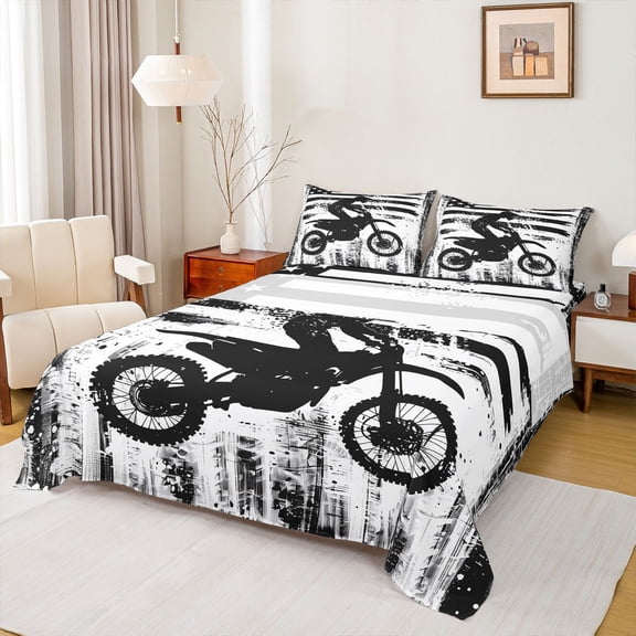 jejeloiu Extreme Sports Motorcycle Bed Sheets,White Black King Sheets For Boys Teens 4pcs