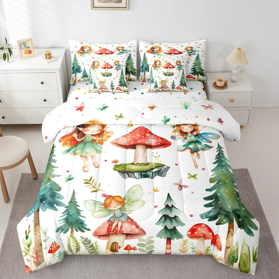 jejeloiu Fairy Tale Elf 7-Piece Twin Bedding Sets,Red Mushroom Bedding Comforter Set,Green Tropical Botaniocal Pine Sheet Sets For Girl,Microfiber Bedroom Decor Reversible