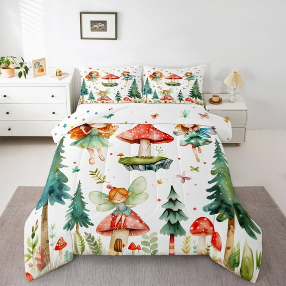 jejeloiu Fairy Tale Elf Bedding Comforter Set,Red Mushroom Twin Comforter Sets,Green Tropical Botaniocal Pine Bedding Set For Girl,Microfiber Bedroom Decor Reversible,2 Pieces