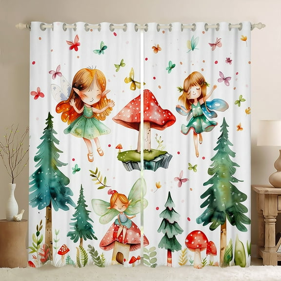jejeloiu Fairy Tale Elf Blackout Curtains,Red Mushroom Curtains Pack of 2 (38x45 Each),Green Tropical Botaniocal Pine Window Curtains For Girl,Microfiber Bedroom Decor