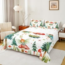 jejeloiu Fairy Tale Elf Twin Sheet Sets,Red Mushroom Twin Fitted Sheet,Green Tropical Botaniocal Pine Flat Sheet For Girl,Microfiber Bedroom Decor,3 Pieces