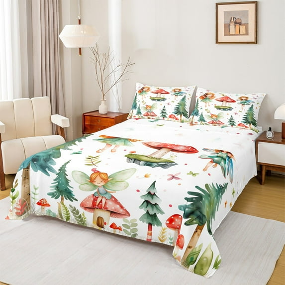 jejeloiu Fairy Tale Elf Twin Sheet Sets,Red Mushroom Twin Fitted Sheet,Green Tropical Botaniocal Pine Flat Sheet For Girl,Microfiber Bedroom Decor,3 Pieces