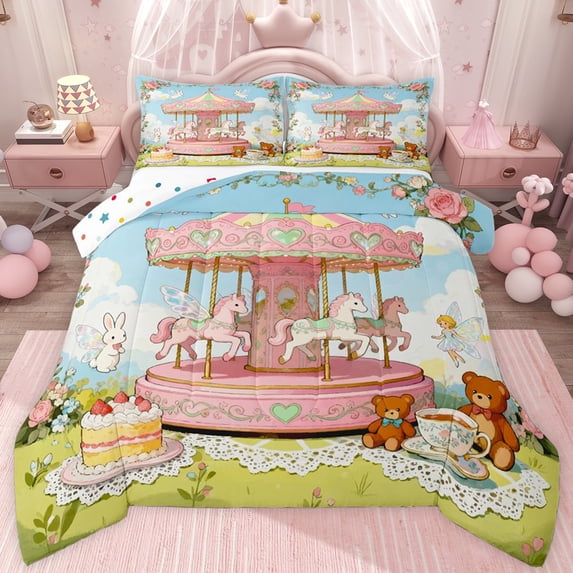 jejeloiu Fairy Tale Theme Full Size Comforter Sets For Girl,Cartoon Cute Unicorn Bedding Sets Reversible 3 Pieces