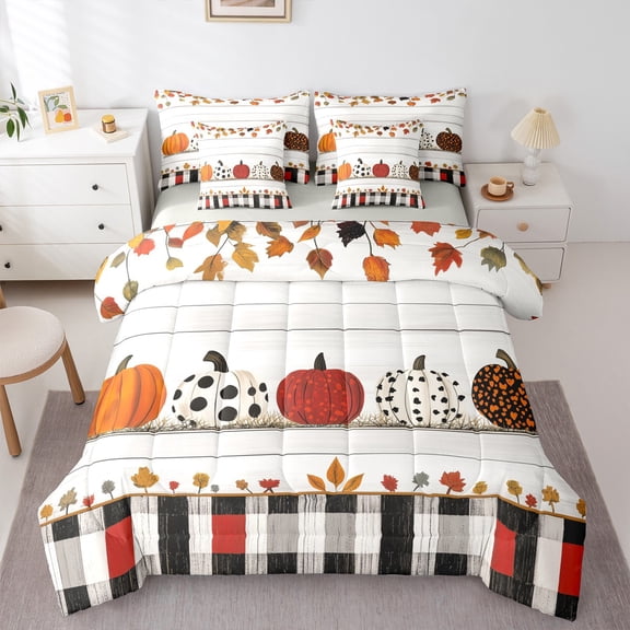 jejeloiu Fall Harvest Pumpkin 7pcs Bedding Comforter Set,Autumn Maples Queen Bedding Sets,Red Black Gray Graffiti Queen Sheet Sets For Adults,Ultra Soft Home Decor Reversible