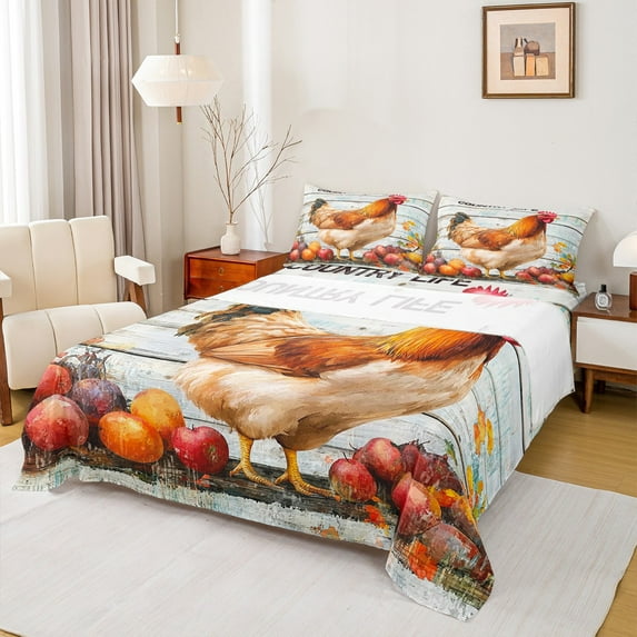 jejeloiu Farm Animal Chicken Bed Sheets,Colorful Fruit Apple King Sheets,Old Barn Door Sheet Set,Microfiber Room Decor,4 Pieces