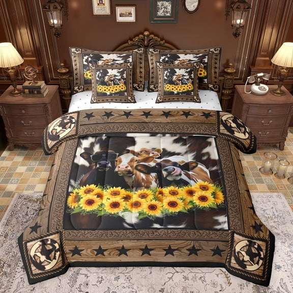 jejeloiu Farm Animal Cow 7-Piece Bedding Comforter Set,Rustic Plant Sunflower King Bedding Sets,Farmhouse Cattle Hide Bed Sheets For Kids,Breathable Home Decor Reversible
