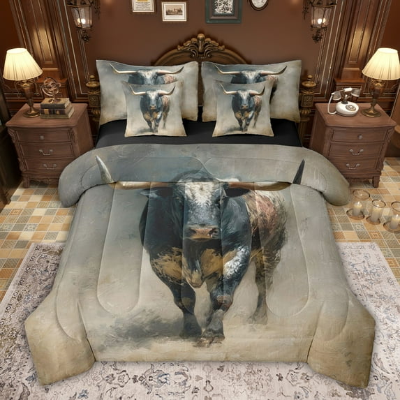 jejeloiu Farm Animal Cow 7 Pieces Bedding Comforter Set,Oil Painting Artwork Full Bedding Set Reversible