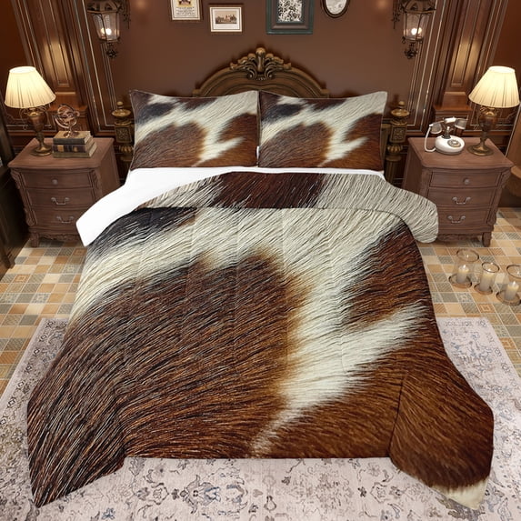 jejeloiu Farm Animal Cow Queen Comforter Set,Cattle Hide Print Bedding Sets,Wildllife Hunting Bedding Comforter Set For Teens,Breathable Home Decor,3-Piece