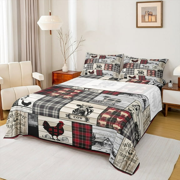 jejeloiu Farm Animal Cow Twin Sheet Sets,Old Barn Door Twin Fitted Sheet,Rustic Farmhouse Cabin Flat Sheet For Adult,Ultra Soft Home Decor,3-Piece