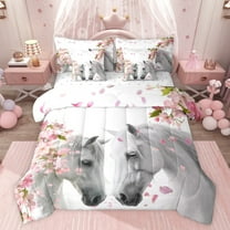 jejeloiu Farm Animal Horse 7-Piece Twin Bedding Sets,Cherry Blossom Bedding Comforter Set,Pink Flowers Floral Sheet Sets For Girls Kids,Super Cozy Room Decor Reversible