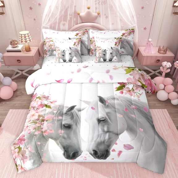 jejeloiu Farm Animal Horse 7-Piece Twin Bedding Sets,Cherry Blossom Bedding Comforter Set,Pink Flowers Floral Sheet Sets For Girls Kids,Super Cozy Room Decor Reversible