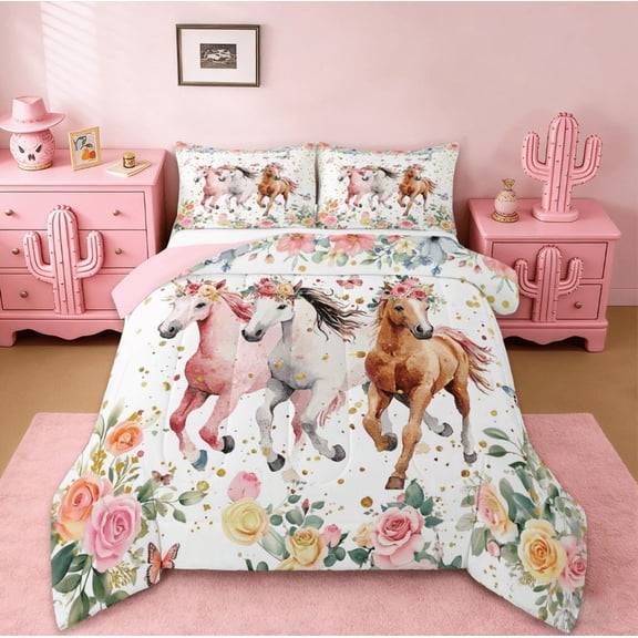 jejeloiu Farm Animal Horse Bedding Comforter Set,Colorful Flower Twin Comforter Sets,Gold Glitter Print Bedding Set For Girls,Super Cozy Room Decor Reversible,2 Pieces