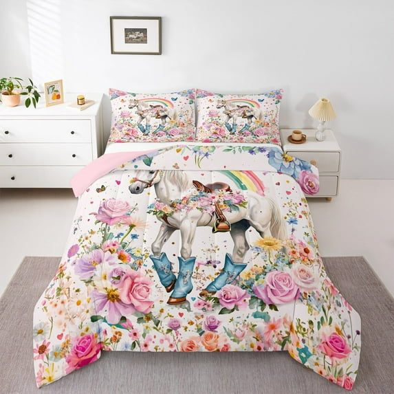 jejeloiu Farm Animal Horse Bedding Comforter Set,Colorful Flower Twin Comforter Sets,Graffiti Rainbow Bedding Set For Girls,Super Cozy Room Decor Reversible,2-Piece