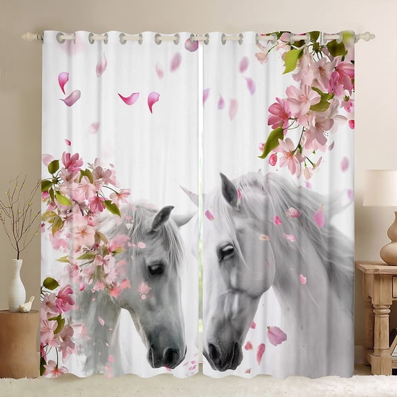 jejeloiu Farm Animal Horse Black Out Curtains,Cherry Blossom Curtains Pack of 2 (42x63 Each),Pink Flowers Floral Bedroom Curtains For Girls Kids,Super Cozy Room Decor
