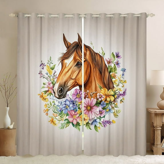 jejeloiu Farm Animal Horse Curtains Pack of 2 (42x84 Each),Colorful Rustic Flower Curtains Blackout,Western Farmhouse Bedroom Curtains For Teens,Luxury Bedroom Decor