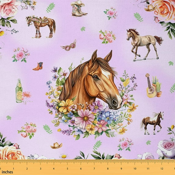 jejeloiu Farm Animal Horse Fabric by the Yard 3 Yards,Colorful Flower Floral Sewing Fabric,Rustic Farmhouse Cabin Fabric for Sewing For Child Kids,Ultra Soft Home Decor