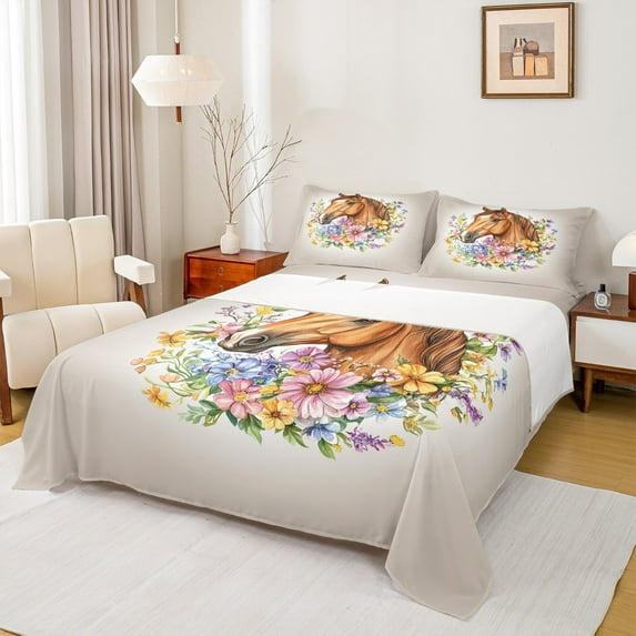 jejeloiu Farm Animal Horse Queen Sheet Sets,Colorful Rustic Flower Flat Sheet,Western Farmhouse Queen Fitted Sheet For Teens,Luxury Bedroom Decor,4pcs