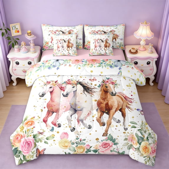 jejeloiu Farm Animal Horse Twin Bedding Sets 7-Piece,Colorful Flower Bedding Comforter Set,Gold Glitter Print Sheet Sets For Girls,Super Cozy Room Decor Reversible