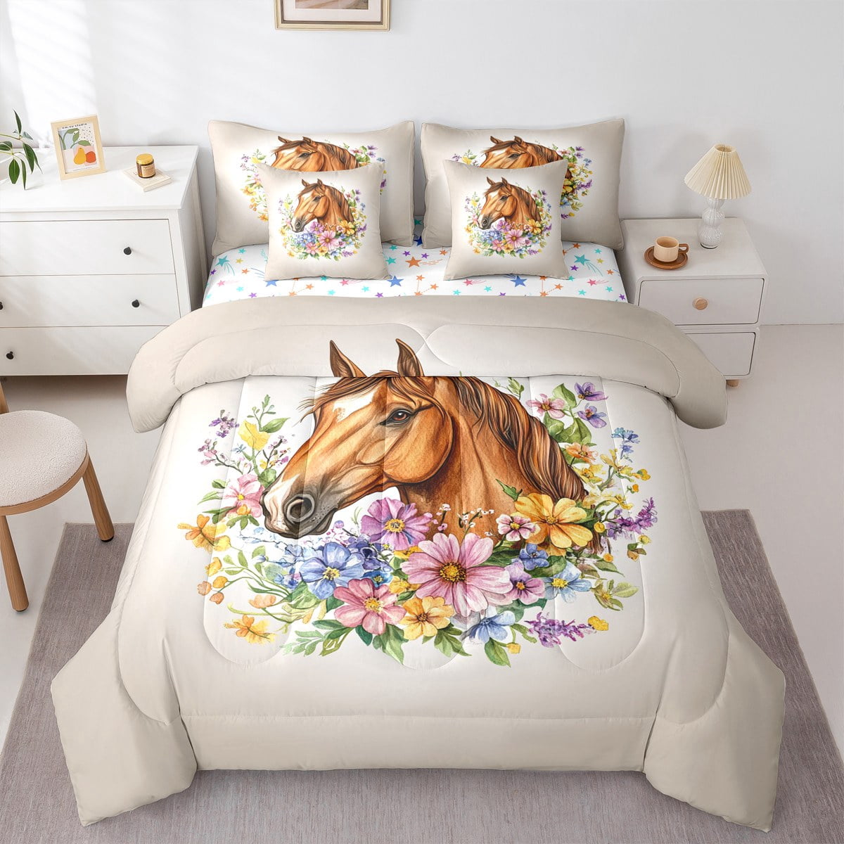 jejeloiu Farm Animal Horse Twin Bedding Sets 7-Piece,Colorful Rustic Flower Bedding Comforter Set,Western Farmhouse Sheet Sets For Teens,Luxury Bedroom Decor Reversible