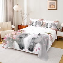 jejeloiu Farm Animal Horse Twin Sheet Sets,Cherry Blossom Twin Fitted Sheet,Pink Flowers Floral Flat Sheet For Girls Kids,Super Cozy Room Decor,3 Pieces