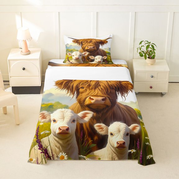 jejeloiu Farm Animal Sheep Cow Twin Sheet Sets For Kids,Cute Daisy Floral Bedding For Girls,3pcs