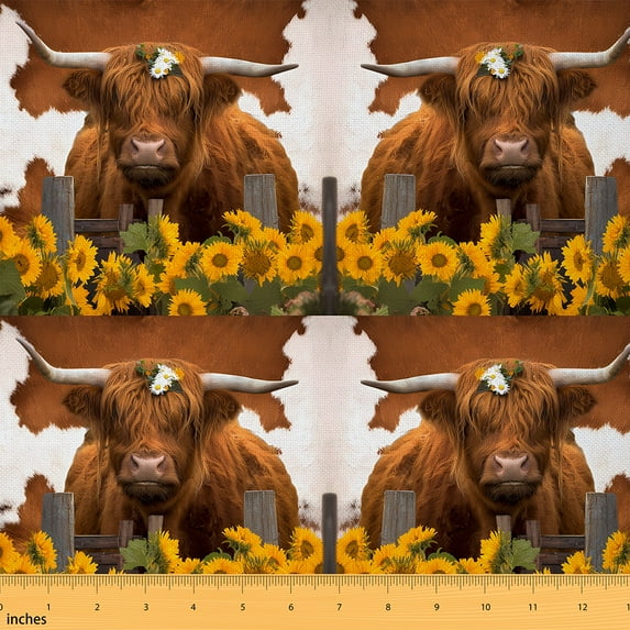 jejeloiu Farm Highland Cow Fabric by the Yard 2 Yards,Country Sunflower Floral Room Decor Fabric by the Yard,Brown Cowhide Fabric for Sewing,Ultra Soft Home Decor