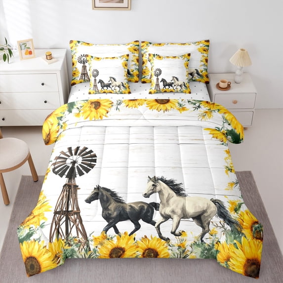 jejeloiu Farm Horse Bedding Comforter Set 7 Pieces,Country Floral Sunflower Full Bedding Set,Vintage Old Windmill Fitted Sheet Flat Sheet For Adults,Breathable Home Decor