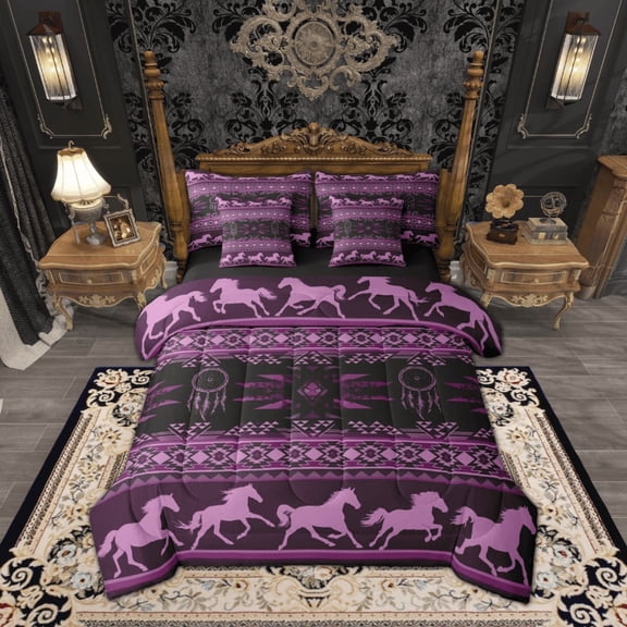 jejeloiu Farm Horse Dreamcatcher Bedding Comforter Set 7 Pieces,Aztec Geometric Pattern Full Bedding Set,Purple Black Fitted Sheet Flat Sheet For Boys,Microfiber Bedroom Decor Reversible