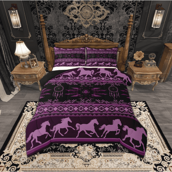 jejeloiu Farm Horse Dreamcatcher Bedding Comforter Set,Aztec Geometric Pattern Twin Comforter Sets,Purple Black Bedding Set For Boys,Microfiber Bedroom Decor Reversible,2-Piece