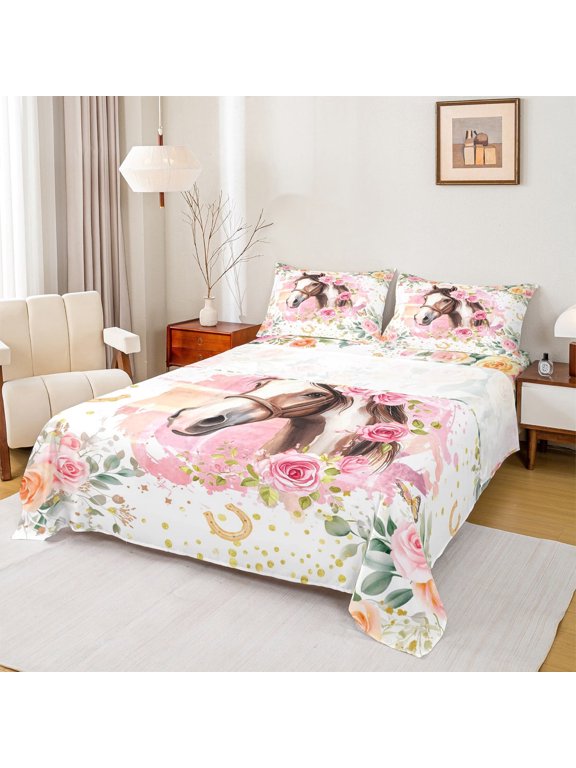 Farmhouse Animal Horse Queen Sheet Sets,Chic Flower Floral Flat Sheet,Splatter Ink Queen Fitted Sheet For Girls,Lightweight Room Decor,4pcs