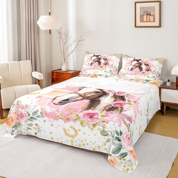 jejeloiu Farmhouse Animal Horse Twin Sheet Sets,Chic Flower Floral Twin Fitted Sheet,Splatter Ink Flat Sheet For Girls,Lightweight Room Decor,3-Piece