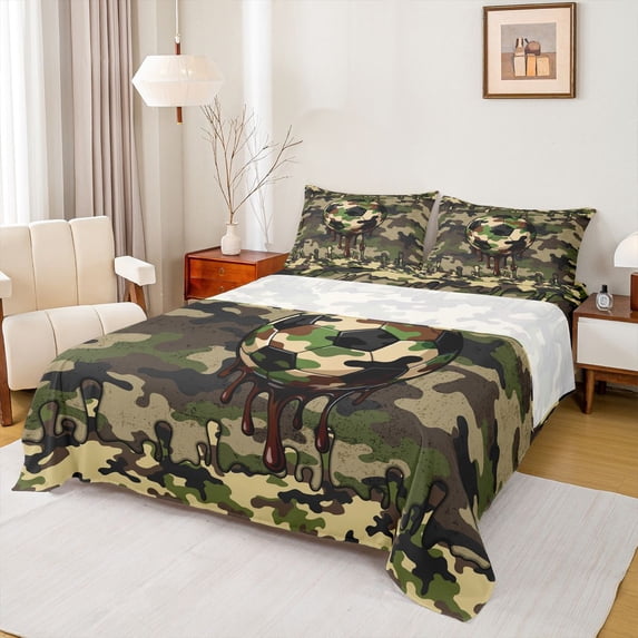 jejeloiu Farmhouse Camouflage Hunting Full Size Sheets,Football Soccer Sport Bed Sheets For Boys Men 4-Piece