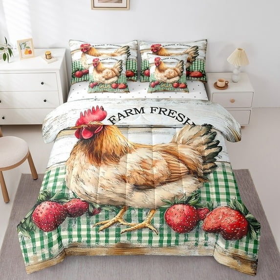 jejeloiu Farmhouse Chicken Bedding Comforter Set 7 PiecesOil Painting Theme Full Bedding Set,Red Strawberry Fitted Sheet Flat Sheet,Ultra Soft Room Decorative Reversible