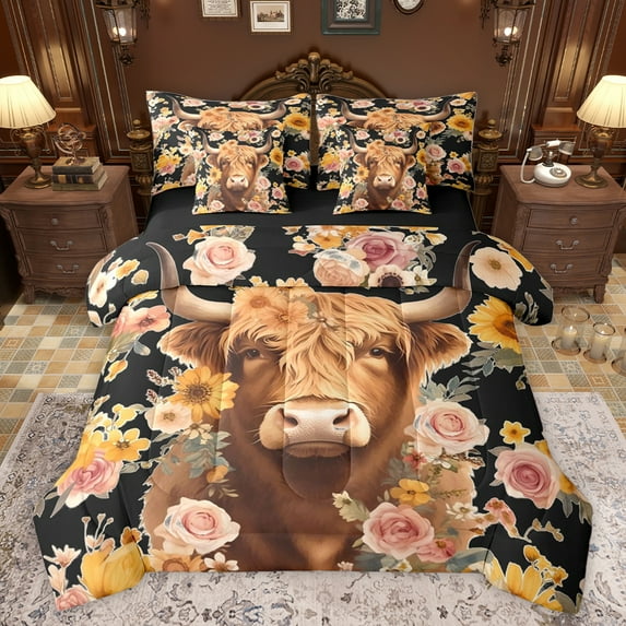 jejeloiu Farmhouse Highland Cattle 7-Piece Bedding Comforter Set,Country Floral Blossom King Bedding Sets,Brown Black Pink Bed Sheets For Teens,Super Cozy Room Decor Reversible