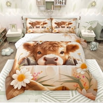 jejeloiu Farmhouse Highland Cattle Bedding Comforter Set,Countryside Floral Flower Twin Comforter Sets,Cute Daisy Blossom Bedding Set For Teens,Super Cozy Room Decor Reversible,2pcs