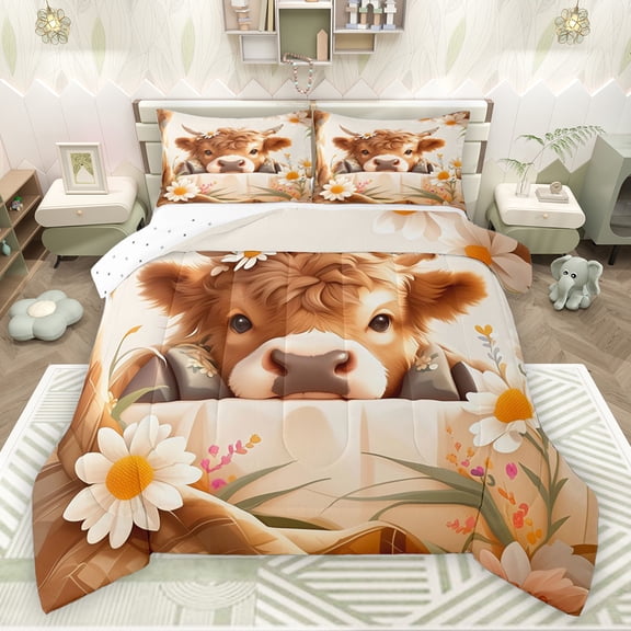 jejeloiu Farmhouse Highland Cattle Bedding Comforter Set,Countryside Floral Flower Twin Comforter Sets,Cute Daisy Blossom Bedding Set For Teens,Super Cozy Room Decor Reversible,2pcs