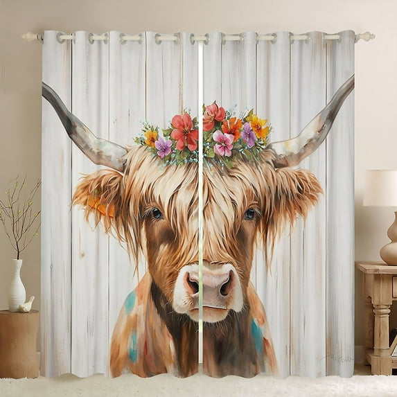 jejeloiu Farmhouse Highland Cattle Curtains Pack of 2 (42x84 Each),Rustic Farmhouse Curtains Blackout,Colorful Graffiti Flower Bedroom Curtains For Teens,Super Cozy Room Decor