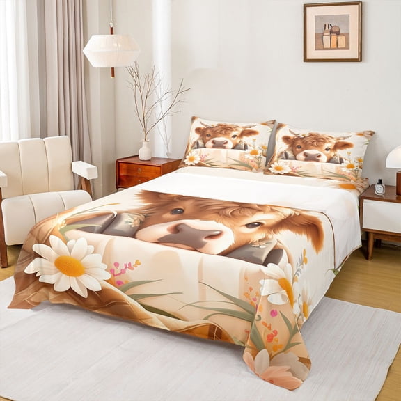 jejeloiu Farmhouse Highland Cattle Twin Sheet Sets,Countryside Floral Flower Twin Fitted Sheet,Cute Daisy Blossom Flat Sheet For Teens,Super Cozy Room Decor,3pcs