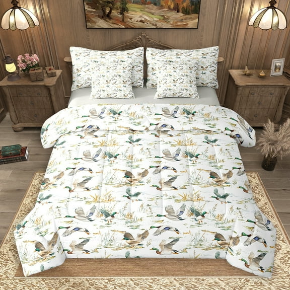 jejeloiu Farmhouse Mallard Duck 7-Piece Twin Bedding Sets,Country Farm Bedding Comforter Set,White Green Brown Sheet Sets For Child,Ultra Soft Home Decor Reversible