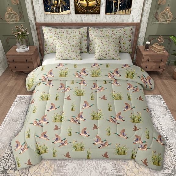 jejeloiu Farmhouse Mallard Duck 7pcs Bedding Comforter Set,Green Brown Queen Bedding Sets For Teens Reversible