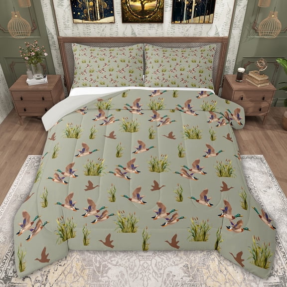 jejeloiu Farmhouse Mallard Duck Twin Comforter Sets,Green Brown Bedding Set For Teens Reversible 2pcs