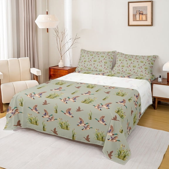 jejeloiu Farmhouse Mallard Duck Twin Sheet Sets,Green Brown Bedding For Teens 3pcs