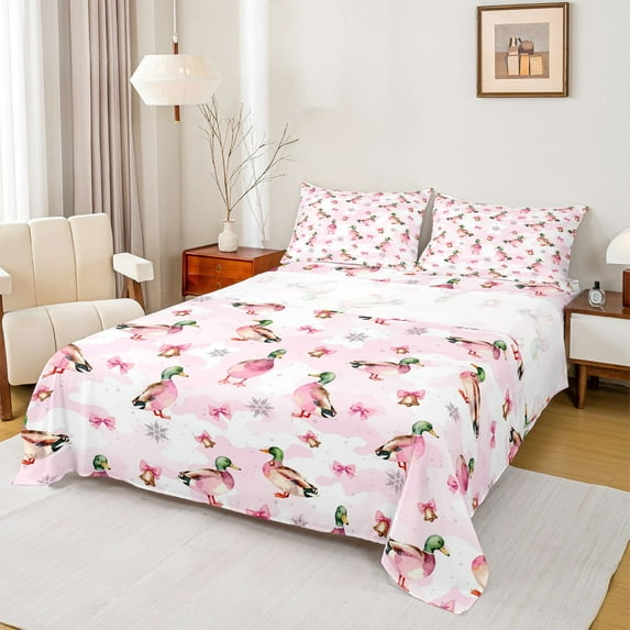 jejeloiu Farmhouse Mallard Duck Twin Sheet Sets,Pink Bowknot Bows Bedding For Girls Teens 3 Pieces