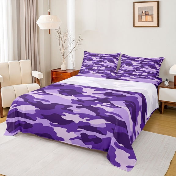 jejeloiu Farmhouse Rustic Camo Bed Sheets,Purple Camouflage King Sheets For Men Women 4pcs