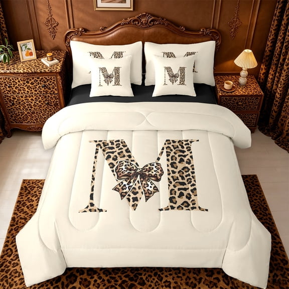 jejeloiu Fashion Leopard Print 7-Piece Twin Bedding Sets,Bow Monogram M Print Bedding Comforter Set For Kids Girls,Black Reversible
